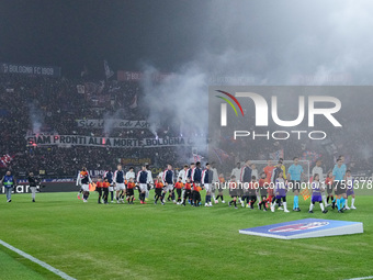 Players and match officials make their way out into the pitch during the UEFA Champions League 2024/25 League Phase MD4 match between Bologn...