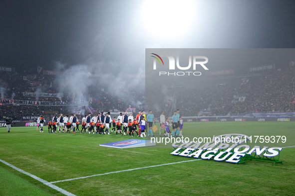 Players and match officials make their way out into the pitch during the UEFA Champions League 2024/25 League Phase MD4 match between Bologn...