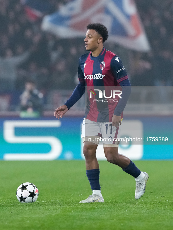 Dan Ndoye of Bologna FC during the UEFA Champions League 2024/25 League Phase MD4 match between Bologna FC and AS Monaco at Stadio Renato Da...