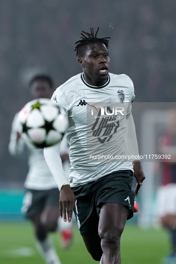 Wilfried Singo of AS Monaco during the UEFA Champions League 2024/25 League Phase MD4 match between Bologna FC and AS Monaco at Stadio Renat...