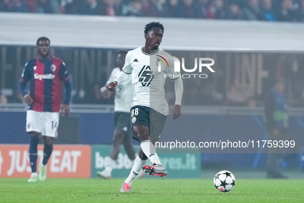 Soungoutou Magassa of AS Monaco during the UEFA Champions League 2024/25 League Phase MD4 match between Bologna FC and AS Monaco at Stadio R...