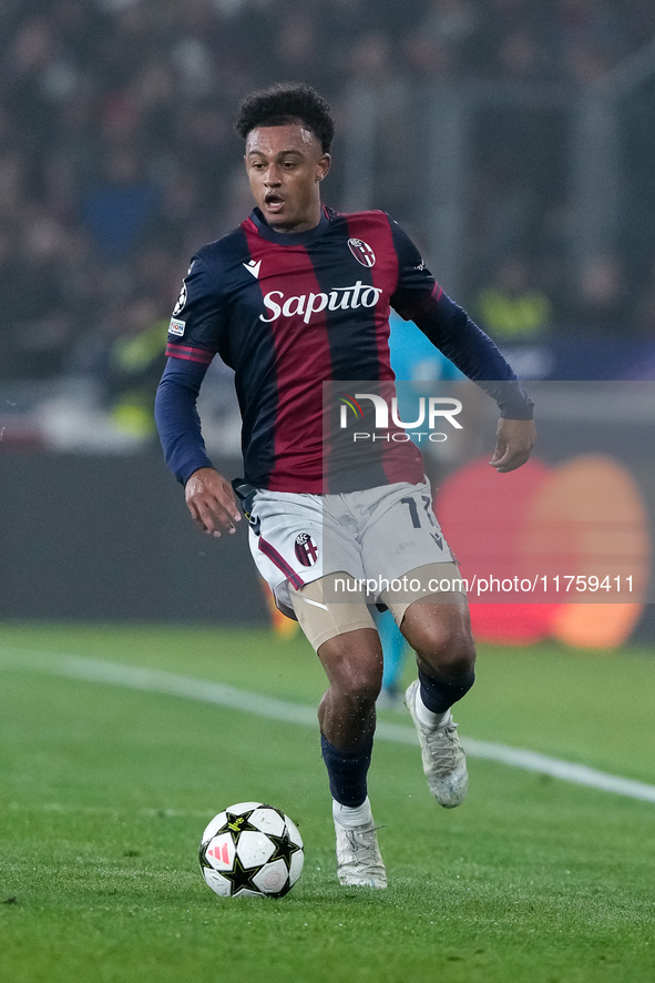 Dan Ndoye of Bologna FC during the UEFA Champions League 2024/25 League Phase MD4 match between Bologna FC and AS Monaco at Stadio Renato Da...