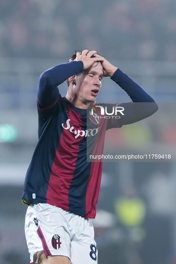 Giovanni Fabbian of Bologna FC looks dejected during the UEFA Champions League 2024/25 League Phase MD4 match between Bologna FC and AS Mona...