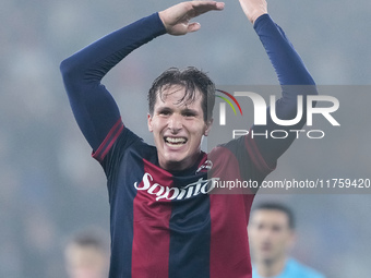 Giovanni Fabbian of Bologna FC reacts during the UEFA Champions League 2024/25 League Phase MD4 match between Bologna FC and AS Monaco at St...