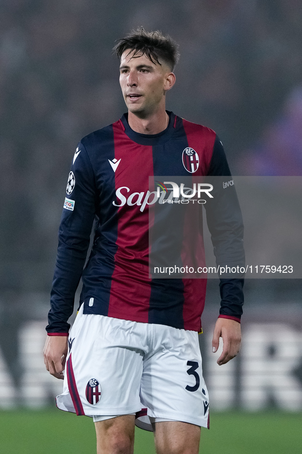 Juan Miranda of Bologna FC looks on during the UEFA Champions League 2024/25 League Phase MD4 match between Bologna FC and AS Monaco at Stad...