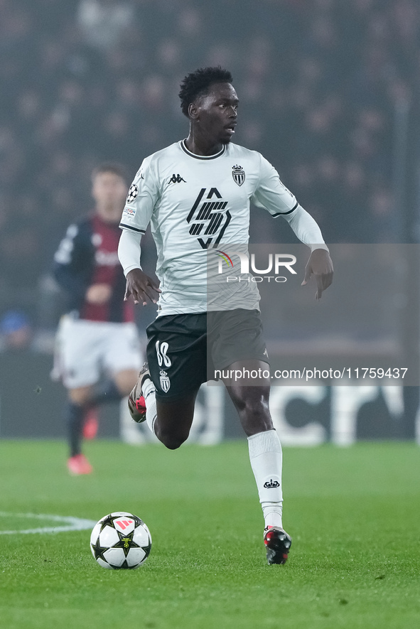 Soungoutou Magassa of AS Monaco during the UEFA Champions League 2024/25 League Phase MD4 match between Bologna FC and AS Monaco at Stadio R...