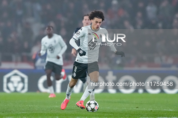 Maghnes Akliouche of AS Monaco during the UEFA Champions League 2024/25 League Phase MD4 match between Bologna FC and AS Monaco at Stadio Re...