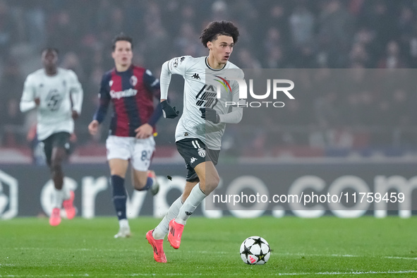 Maghnes Akliouche of AS Monaco during the UEFA Champions League 2024/25 League Phase MD4 match between Bologna FC and AS Monaco at Stadio Re...