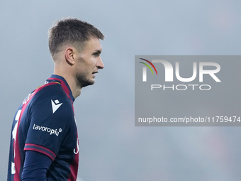 Stefan Posch of Bologna FC looks on during the UEFA Champions League 2024/25 League Phase MD4 match between Bologna FC and AS Monaco at Stad...