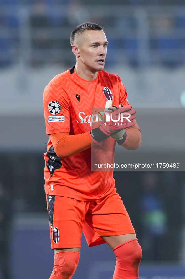 Lukasz Skorupski of Bologna FC looks on during the UEFA Champions League 2024/25 League Phase MD4 match between Bologna FC and AS Monaco at...