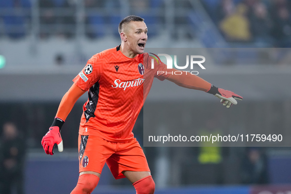 Lukasz Skorupski of Bologna FC gestures during the UEFA Champions League 2024/25 League Phase MD4 match between Bologna FC and AS Monaco at...