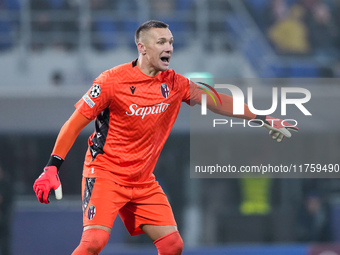 Lukasz Skorupski of Bologna FC gestures during the UEFA Champions League 2024/25 League Phase MD4 match between Bologna FC and AS Monaco at...