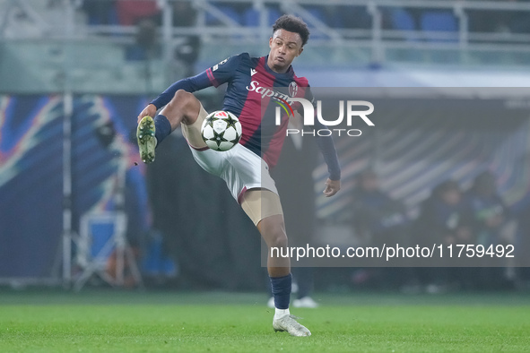 Dan Ndoye of Bologna FC controls the ball during the UEFA Champions League 2024/25 League Phase MD4 match between Bologna FC and AS Monaco a...