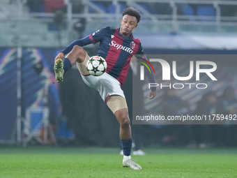 Dan Ndoye of Bologna FC controls the ball during the UEFA Champions League 2024/25 League Phase MD4 match between Bologna FC and AS Monaco a...