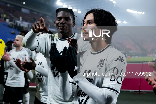 Breel Embolo of AS Monaco and Takumi Minamino celebrates the victory at the end of the UEFA Champions League 2024/25 League Phase MD4 match...