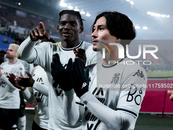 Breel Embolo of AS Monaco and Takumi Minamino celebrates the victory at the end of the UEFA Champions League 2024/25 League Phase MD4 match...