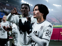 Breel Embolo of AS Monaco and Takumi Minamino celebrates the victory at the end of the UEFA Champions League 2024/25 League Phase MD4 match...