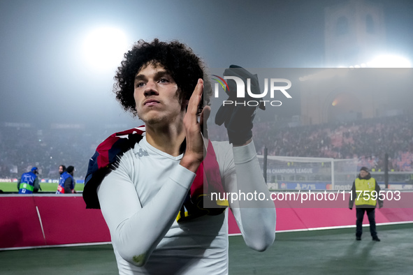 Maghnes Akliouche of AS Monaco celebrates the victory at the end of the UEFA Champions League 2024/25 League Phase MD4 match between Bologna...