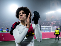 Maghnes Akliouche of AS Monaco celebrates the victory at the end of the UEFA Champions League 2024/25 League Phase MD4 match between Bologna...