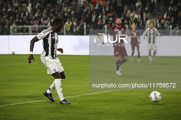 Juventus midfielder Timothy Weah (22) scores his goal to make it 1-0 during the Serie A football match number 12, Juventus vs. Torino, at th...