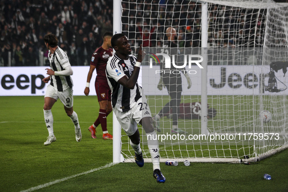 Juventus midfielder Timothy Weah (22) celebrates after scoring his goal to make it 1-0 during the Serie A football match number 12, Juventus...