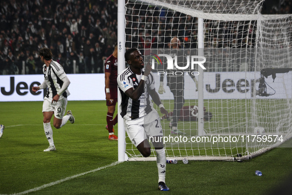 Juventus midfielder Timothy Weah (22) celebrates after scoring his goal to make it 1-0 during the Serie A football match number 12, Juventus...