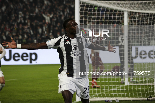 Juventus midfielder Timothy Weah (22) celebrates after scoring his goal to make it 1-0 during the Serie A football match number 12, Juventus...