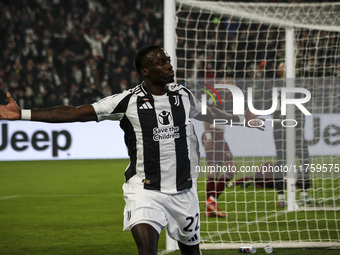 Juventus midfielder Timothy Weah (22) celebrates after scoring his goal to make it 1-0 during the Serie A football match number 12, Juventus...