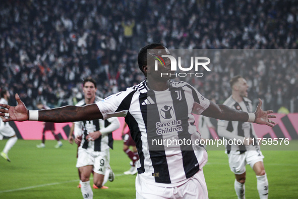 Juventus midfielder Timothy Weah (22) celebrates after scoring his goal to make it 1-0 during the Serie A football match number 12, Juventus...