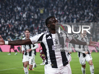 Juventus midfielder Timothy Weah (22) celebrates after scoring his goal to make it 1-0 during the Serie A football match number 12, Juventus...