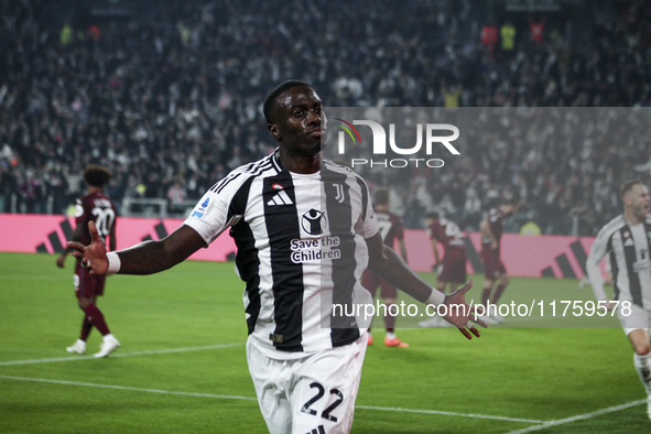 Juventus midfielder Timothy Weah (22) celebrates after scoring his goal to make it 1-0 during the Serie A football match number 12, Juventus...