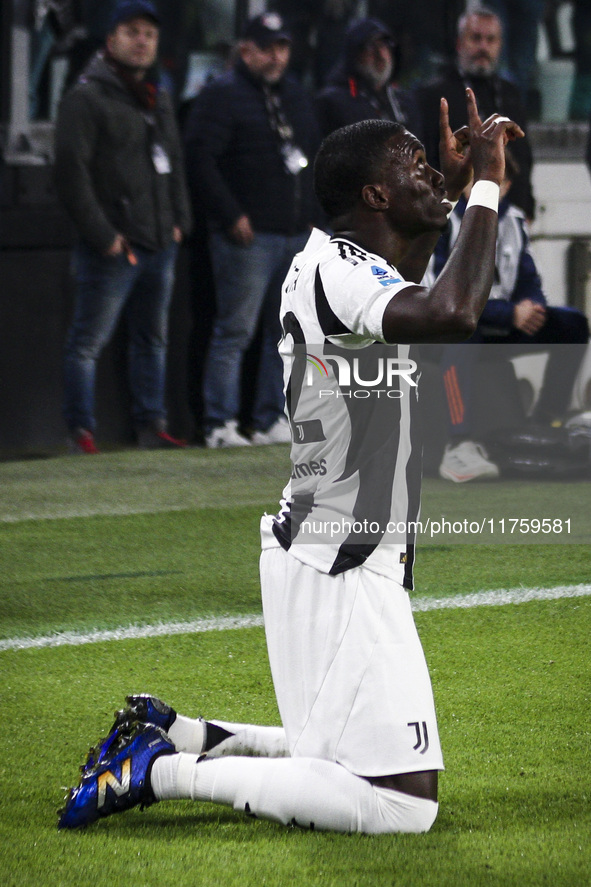 Juventus midfielder Timothy Weah (22) celebrates after scoring his goal to make it 1-0 during the Serie A football match number 12, Juventus...