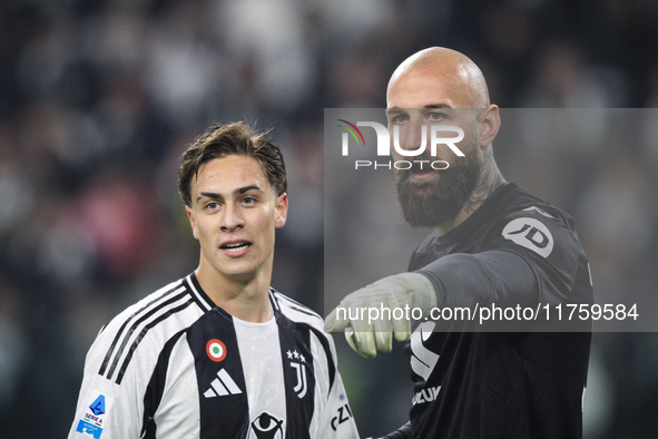 Torino goalkeeper Vanja Milinkovic-Savic (32) talks with Juventus forward Kenan Yildiz (10) during the Serie A football match number 12, Juv...