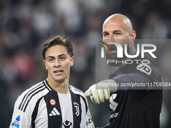 Torino goalkeeper Vanja Milinkovic-Savic (32) talks with Juventus forward Kenan Yildiz (10) during the Serie A football match number 12, Juv...