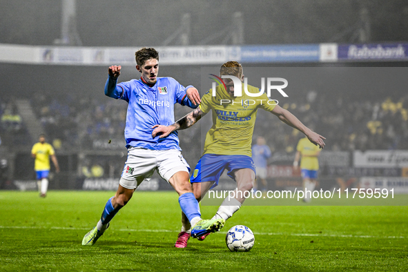 NEC midfielder Mees Hoedemakers and RKC midfielder Richard van der Venne play during the match RKC vs. NEC at the Mandemakers Stadium in Waa...