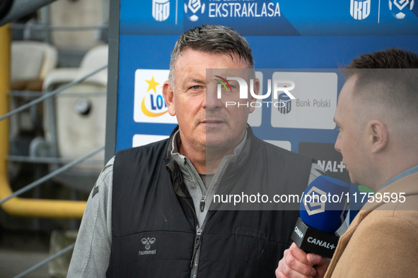 GKS Katowice coach Rafal Gorak gives an interview to the media before the game between KS Cracovia and GKS Katowice in Krakow, Poland, on No...