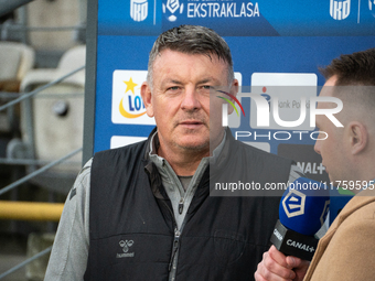 GKS Katowice coach Rafal Gorak gives an interview to the media before the game between KS Cracovia and GKS Katowice in Krakow, Poland, on No...