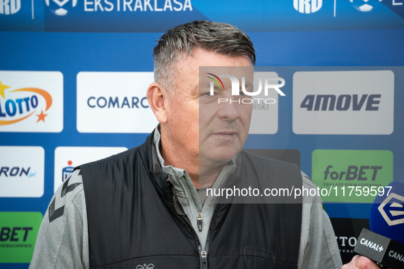 GKS Katowice coach Rafal Gorak gives an interview to the media before the game between KS Cracovia and GKS Katowice in Krakow, Poland, on No...