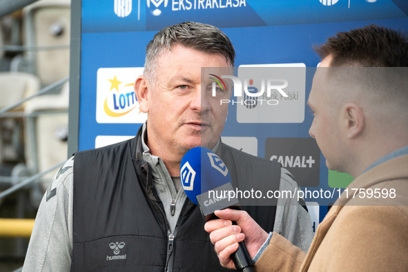 GKS Katowice coach Rafal Gorak gives an interview to the media before the game between KS Cracovia and GKS Katowice in Krakow, Poland, on No...