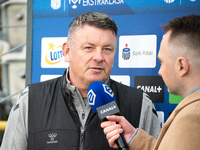 GKS Katowice coach Rafal Gorak gives an interview to the media before the game between KS Cracovia and GKS Katowice in Krakow, Poland, on No...