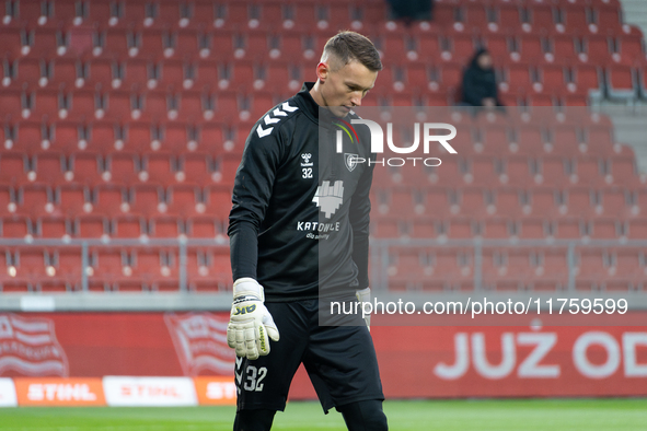 Goalkeeper Rafal Straczek warms up before the game between KS Cracovia and GKS Katowice in Krakow, Poland, on November 9, 2024. PKO BP Ekstr...