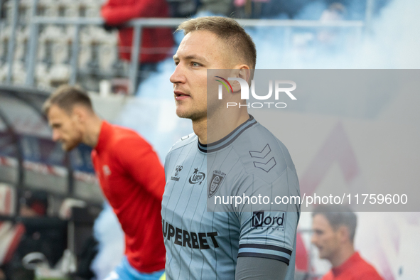 Goalkeeper Dawid Kudla participates in the game between KS Cracovia and GKS Katowice in Krakow, Poland, on November 9, 2024. This is a PKO B...