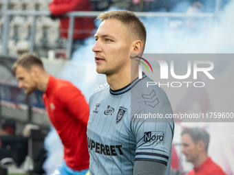 Goalkeeper Dawid Kudla participates in the game between KS Cracovia and GKS Katowice in Krakow, Poland, on November 9, 2024. This is a PKO B...