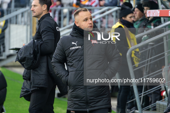 Cracovia coach Dawid Kroczek is present during the game between KS Cracovia and GKS Katowice in Krakow, Poland, on November 9, 2024. This is...