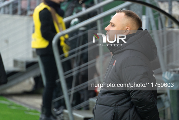 Cracovia coach Dawid Kroczek is present during the game between KS Cracovia and GKS Katowice in Krakow, Poland, on November 9, 2024. This is...