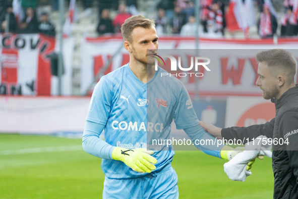 Goalkeeper Henrich Ravas participates in the game between KS Cracovia and GKS Katowice in Krakow, Poland, on November 9, 2024. This is a PKO...