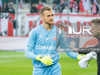 Goalkeeper Henrich Ravas participates in the game between KS Cracovia and GKS Katowice in Krakow, Poland, on November 9, 2024. This is a PKO...