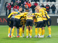 GKS Katowice players huddle before the game between KS Cracovia and GKS Katowice in Krakow, Poland, on November 9, 2024, during the PKO BP E...