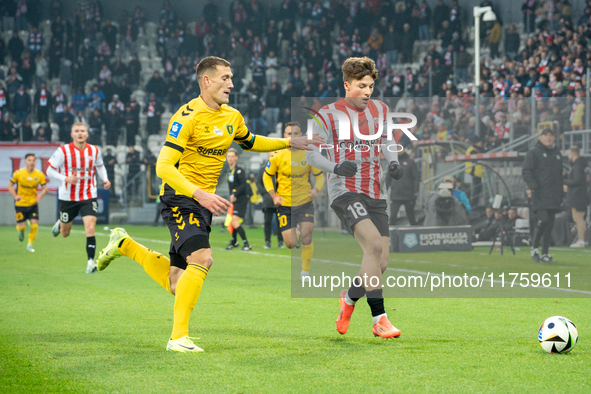 Filip Rozga and Arkadiusz Jedrych participate in the game between KS Cracovia and GKS Katowice in Krakow, Poland, on November 9, 2024. This...