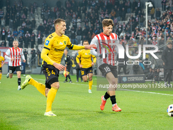 Filip Rozga and Arkadiusz Jedrych participate in the game between KS Cracovia and GKS Katowice in Krakow, Poland, on November 9, 2024. This...